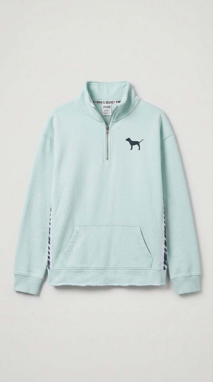Victoria's Secret PINK Light Blue Quarter-Zip Sweatshirt zebra striped sleeves